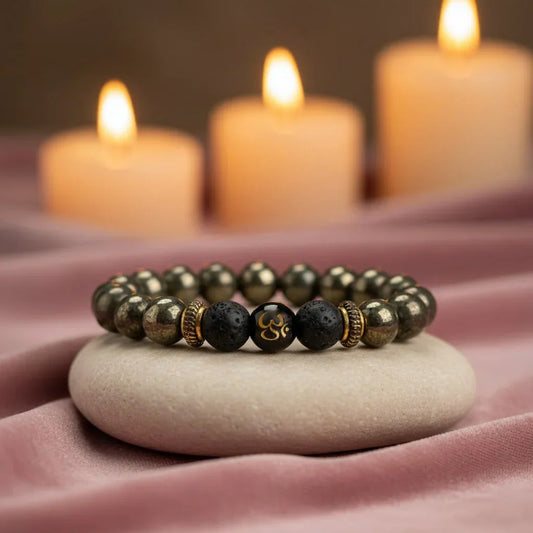Astro Vedic Om Raw Pyrite with Lava Stone Bracelet