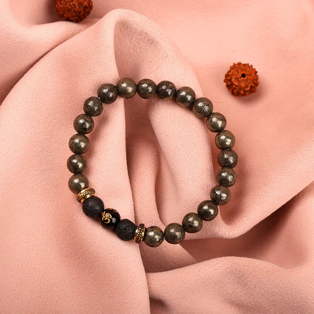 Astro Vedic Om Raw Pyrite with Lava Stone Bracelet